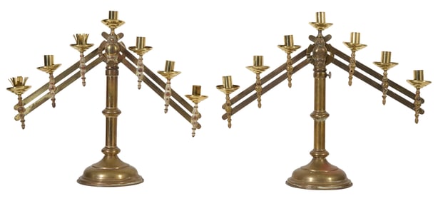 Pair of Seven Light Brass Altar Candelabra, 20th c., Each- H.- 19 in., W.- 23 in., D.- 8 in. (2