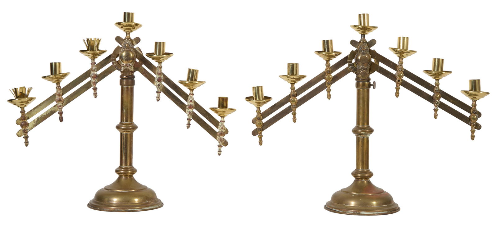 Pair of Seven Light Brass Altar Candelabra, 20th c., Each- H.- 19 in., W.- 23 in., D.- 8 in. (2 (1 of 1)