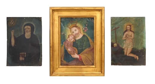 Three Antique Spanish Colonial/Mexican Retablos, Each- App. H.- 14 in., App. W.- 10 in., Framed- H.-