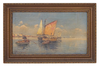 Jakob Wagner (Swiss, 1861-1915), "Boats in the Harbor," H.- 9 3/4 in., W.- 15 in., Framed- H.- 7 1/4