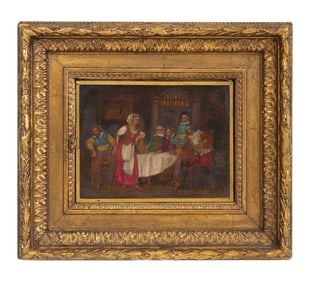 Unusual Three-Part Vanity Mirror with a Painted Tavern Scene, probably Belgian, late 19th c.,