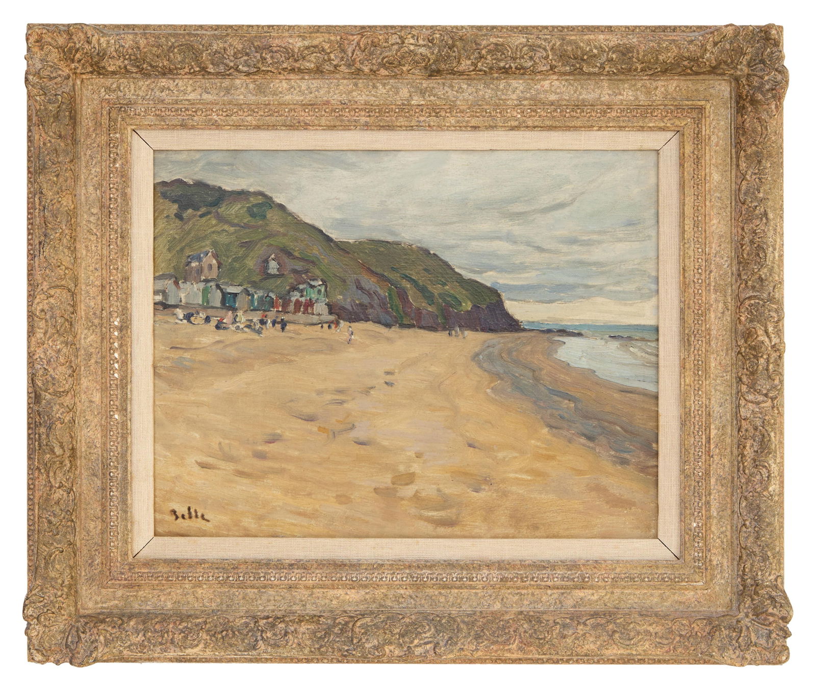 Marcel Belle (French, 1871-1948), "Plage Breton (Breton Beach)," H.- 10 1/2 in., W.- 14 in., Framed-: Marcel Belle (French, 1871-1948), "Plage Breton (Breton Beach)," oil on wood panel, signed lower left, inscribed/signed "4e des quatres petits/ panneau de Belle" en verso and titled on "Richmond Galle