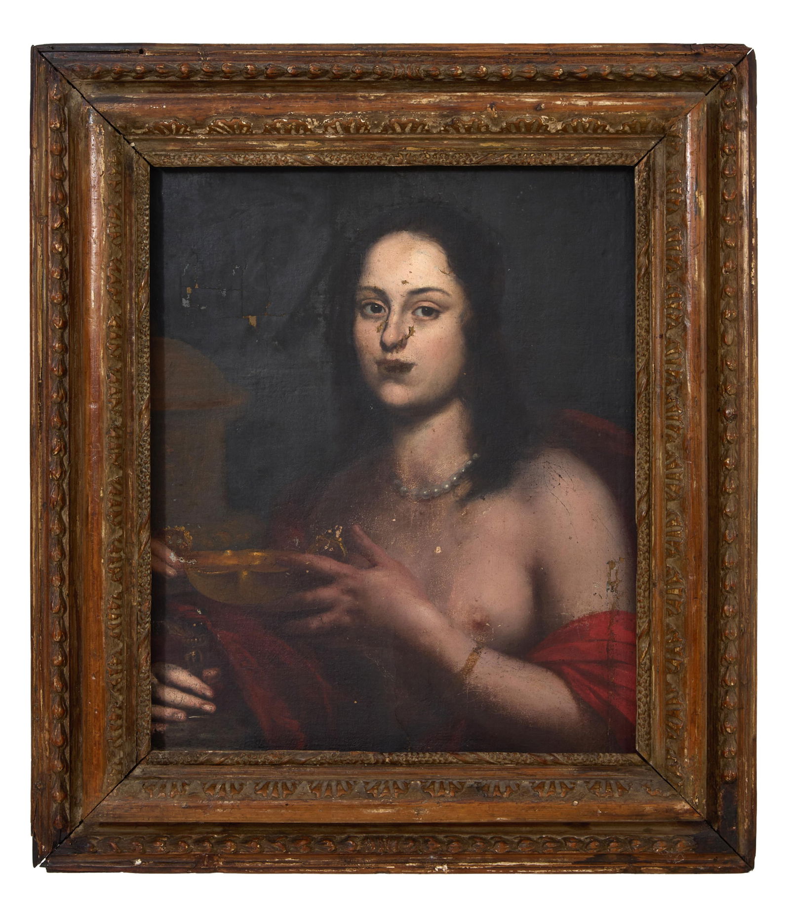 Italian School (19th Century), "The Offering (Once Part of a Larger Painting)," H.- 28 1/2 in., W.-: Italian School (19th Century), "The Offering (Once Part of a Larger Painting)," oil on canvas, unsigned, presented in a giltwood frame, H.- 28 1/2 in., W.- 27 in., Framed- H.- 33 in., W.- 19 in. Prove