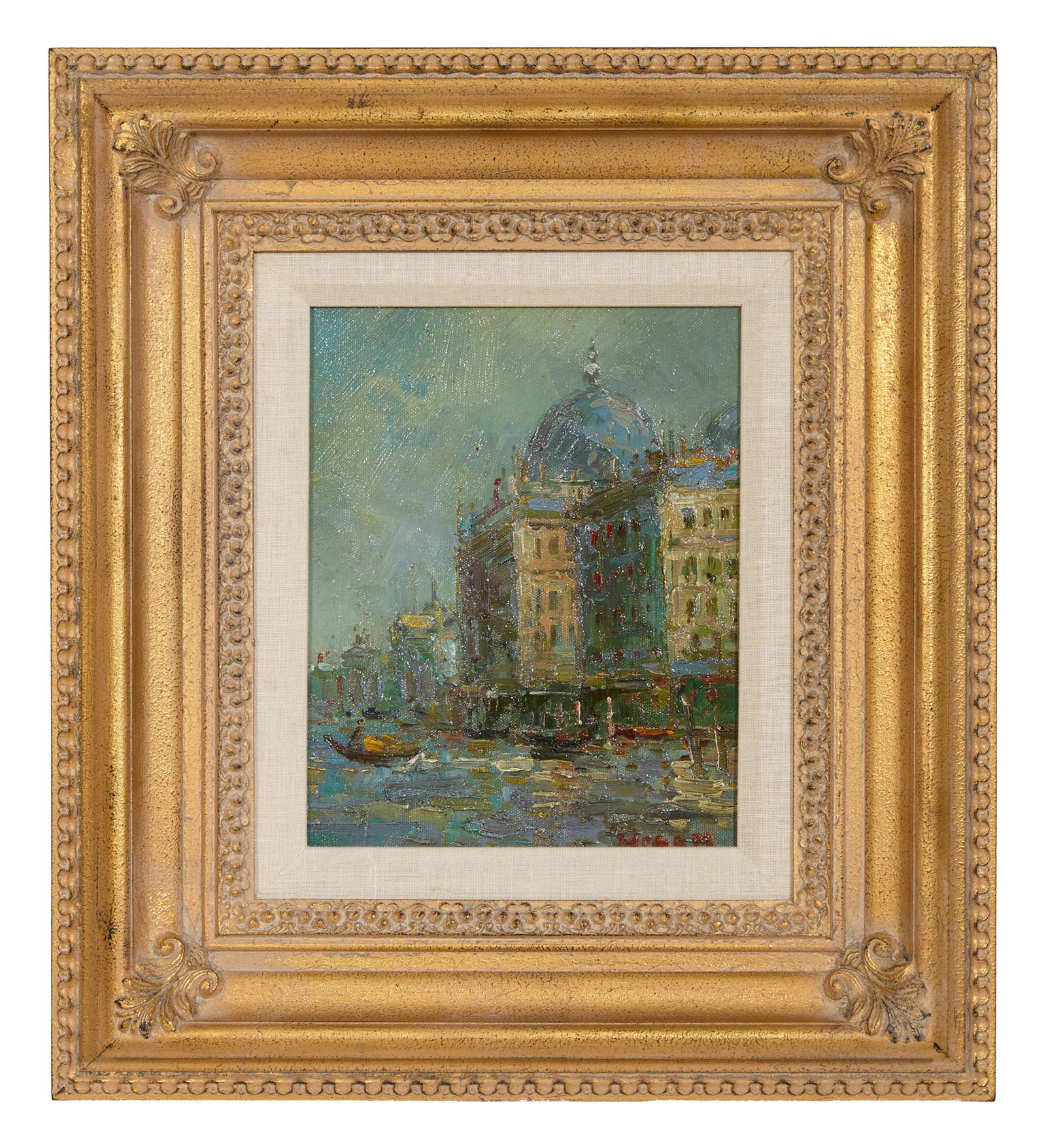 John William Mogan (American/Canadian, 19th/20th Century), "Venice," H.- 10 in., W.- 8 in., Framed-: John William Mogan (American/Canadian, 19th/20th Century), "Venice," oil on canvas, signed lower right, presented with a linen mat in a giltwood frame, H.- 10 in., W.- 8 in., Framed- H.- 18 1/2 in., W