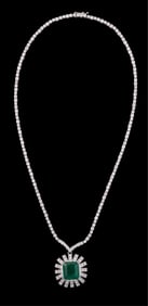 18K White Gold Emerald and Diamond Necklace, Total Diamond Wt.- 11.0 carats, Pendant- H.- 1 in., W.-