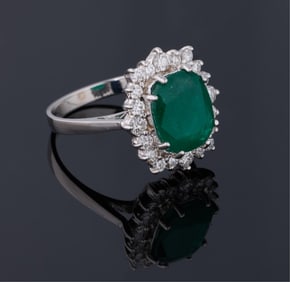 Ladies' 14K White Gold Emerald and Diamond Dinner Ring, Total Diamond Wt.- 0.80 carats, Size- 7 1/4.