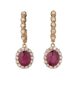 Pair of 14K Yellow Gold Ruby and Diamond Pendant Drop Earrings, Total Diamond Wt.- 1.40 carats,