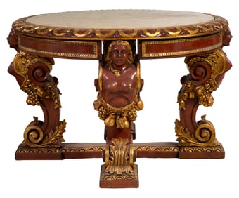 Large Italian Inspired Stone Top Carved Giltwood Figural Center Table, 20th c., H.- 36 1/2 in.,