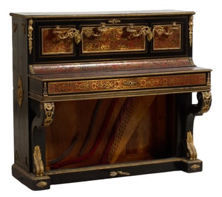 French Napoleon III Style Ormolu Mounted Boulle Upright Piano, labelled, Detir and Cie, Paris.