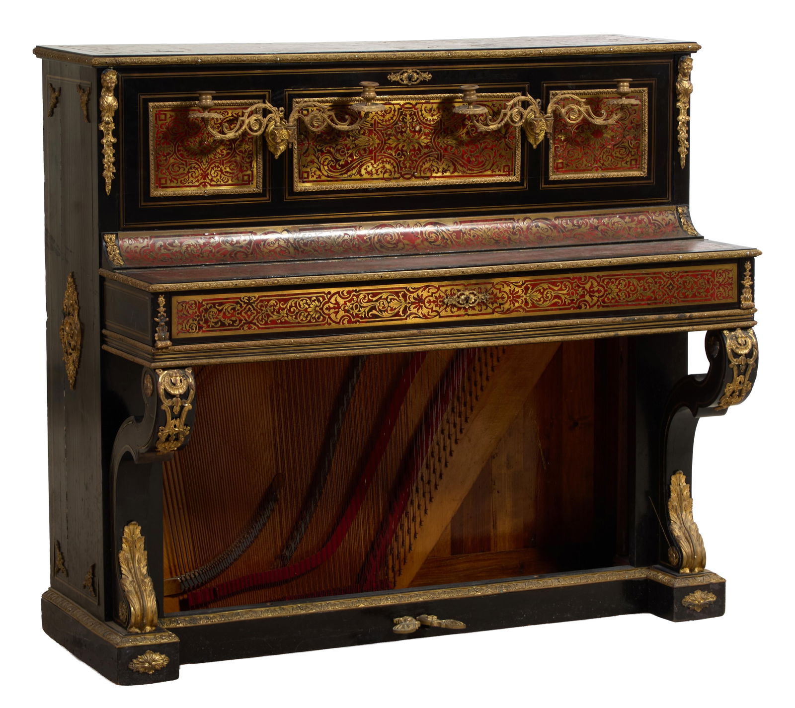 French Napoleon III Style Ormolu Mounted Boulle Upright Piano, labelled, Detir and Cie, Paris.: French Napoleon III Style Ormolu Mounted Boulle Upright Piano, labelled, Detir and Cie, Paris. [sic], late 19th c., the rectangular boulle inlaid top with mounted edge, the face with three panels, pai