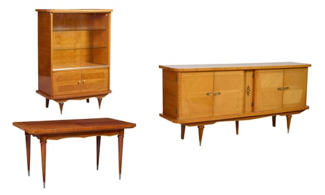 Three Piece French Art Moderne Parquetry Dining Room Set, early 20th c., Enfilade- H.- 41 in., W.-