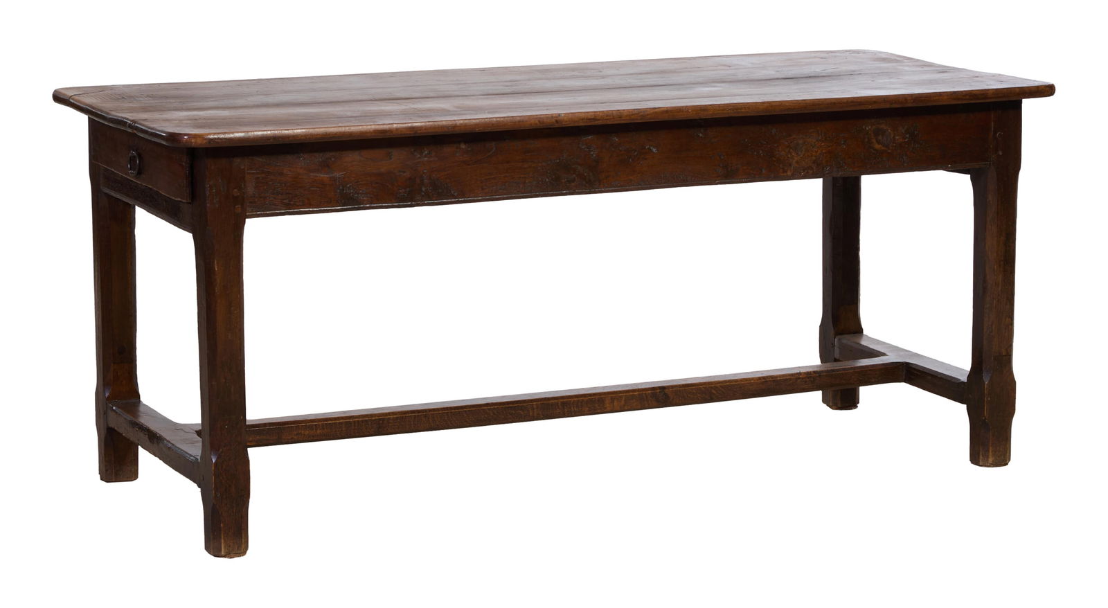 French Provincial Walnut Farm Table, mid 19th c., H.- 30 in., W.- 71 1/2 in., D.- 30 in.: French Provincial Walnut Farm Table, mid 19th c., the rectangular top with rounded corners, frieze drawer on short side, chamfered 'H' stretchered legs, H.- 30 in., W.- 71 1/2 in., D.- 30 in.