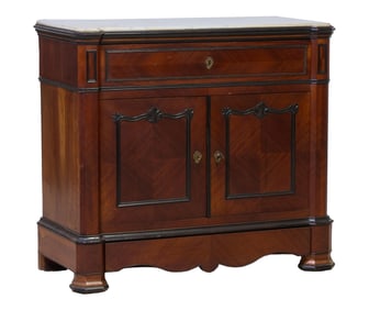 French Napoleon III Marble Top Ebonized Parquetry Walnut Secretaire Server, late 19th c.,