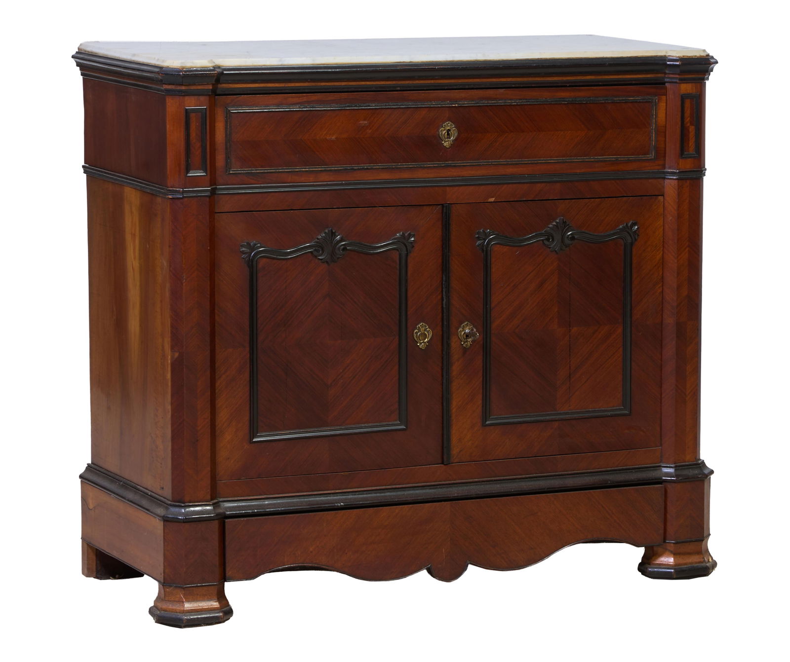 French Napoleon III Marble Top Ebonized Parquetry Walnut Secretaire Server, late 19th c.,: French Napoleon III Marble Top Ebonized Parquetry Walnut Secretaire Server, late 19th c., the shaped marble top with projected corners, frieze drawer with fall front secretaire pull out, fitted interi