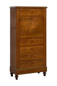 French Napoleon III Marble Top Marquetry Parquetry Walnut Secretaire a Abattant, late 19th c., H.-