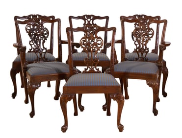 Six English Chippendale Style Mahogany Dining Chairs, 20th c., Each- H.- 38 in., W.- 24 in., D.- 21