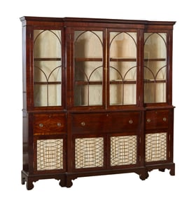 English Sheraton Mahogany Breakfront Bookcase, early 19th c., H.- 92 1/2 in., W.- 88 in., D.- 18 1/2