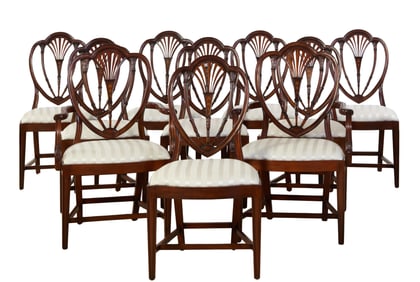 Ten Baltimore Influenced Hepplewhite Style Inlaid Mahogany Dining Chairs, 20th c., Arm- H.- 40 in.,