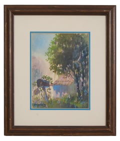 Don Wright (American/Louisiana, 1938-2007), "Swamp Scene with Moss Laden Oak, Cabin and Mailbox,"