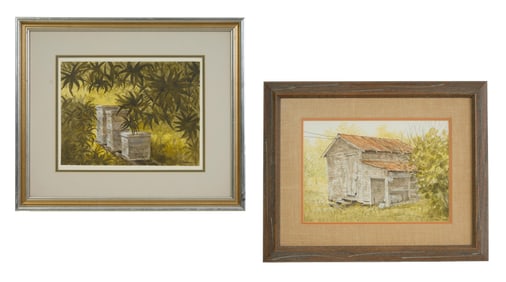 Don Reggio (American/Louisiana, b. 1950), "Cabin Scene" and "Landscape with Beehives," Cabin- Sight-