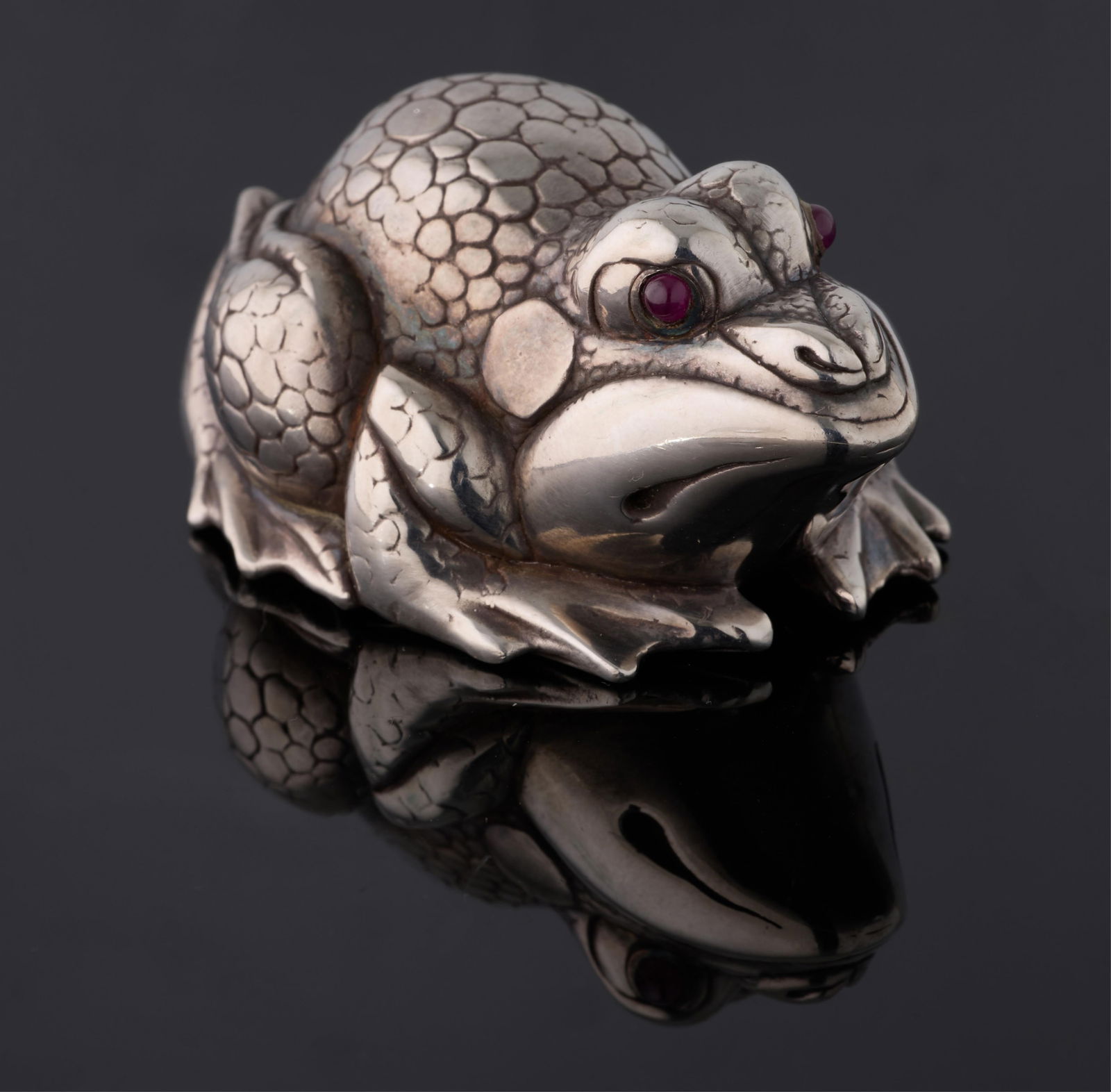 Russian Faberge Silver Frog, H.- 1 3//16 in., W.- 1 5/8 in., D.- 2 1/8 in., App. Total Wt.-: Russian Faberge Silver Frog, cabochon red stone eyes, stamped "88" for 88 zolotniks on bottom, stamped with Faberge Cyrillic maker's mark on bottom, H.- 1 3//16 in., W.- 1 5/8 in., D.- 2 1/8 in., App.