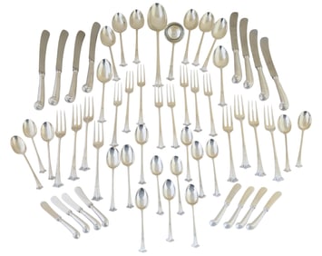 Fifty-Eight Piece Set of Sterling Flatware, Retailed by Marshall Fields, London, 1953, App. Total