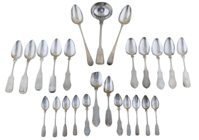 Twenty-Five Pieces of Silver Flatware, 19th c., App. Sterling Wt.- 6.445 Troy oz.; App. Coin Silver
