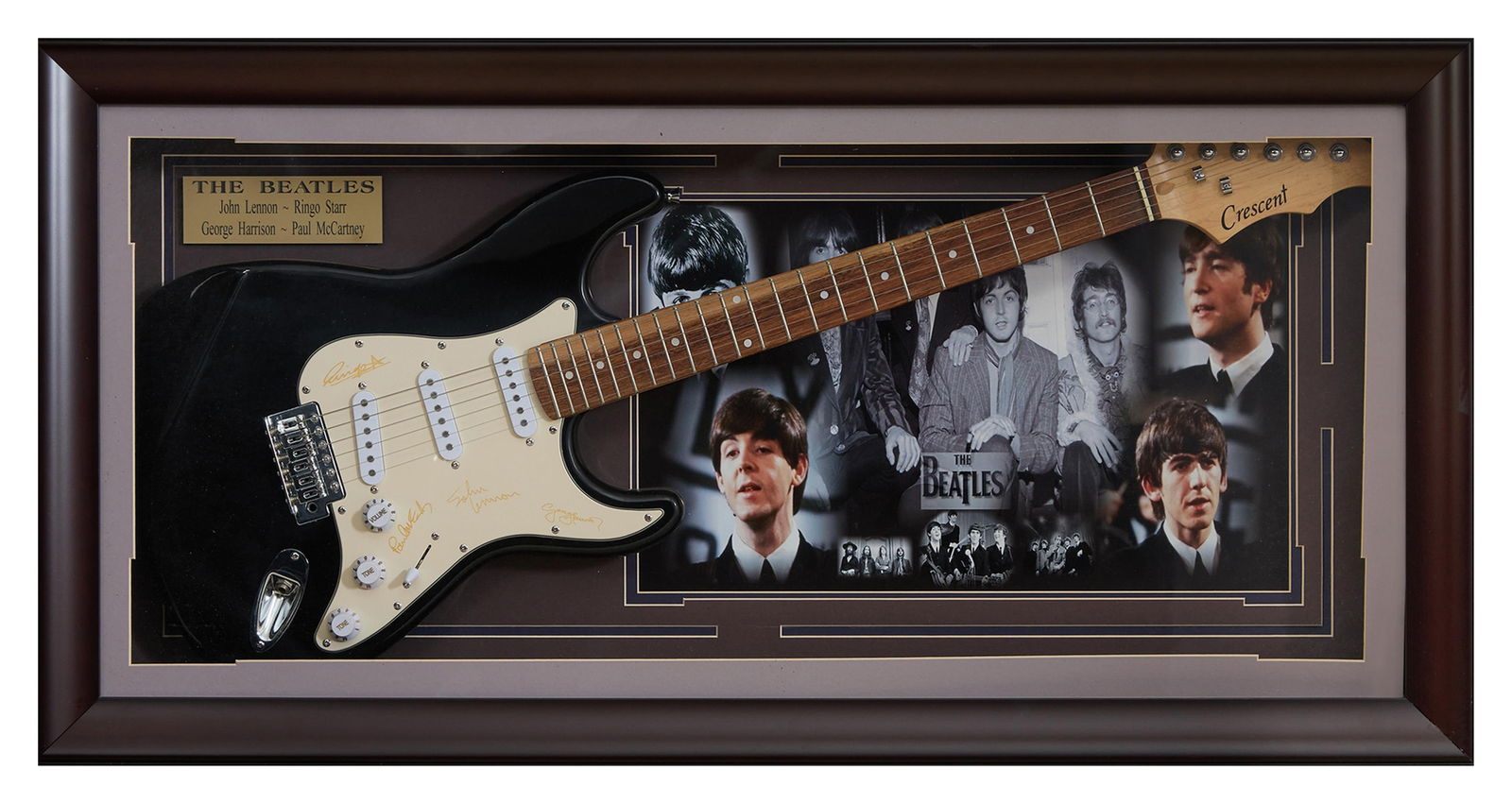 The Beatles Autographed Crescent Electric Guitar and Memorabilia, Overall- H.- 21 in., W.- 42 in.,: The Beatles Autographed Crescent Electric Guitar and Memorabilia, the guitar laser signed, presented with brass signature plaque and a two-tone photograph with color headshots of the band members supe