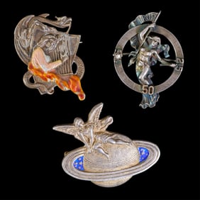 Three Mardi Gras Ball Favor Pins, Krewe of Proteus, 1905, 1906 and 1909 1905- H.- 1 in., W.- 1 1/4