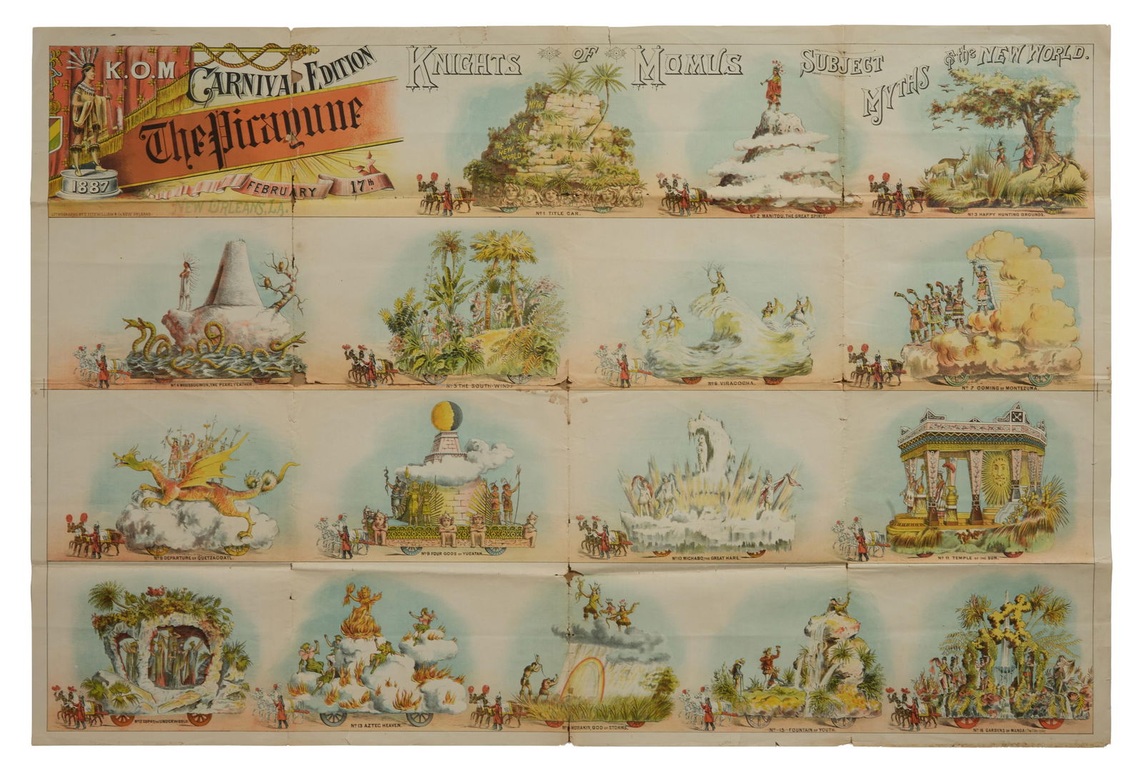 Mardi Gras Parade Bulletin, Knights of Momus, "Myths of the New World," 1887, H.- 28 1/8 in., W.- 42 (1 of 2)