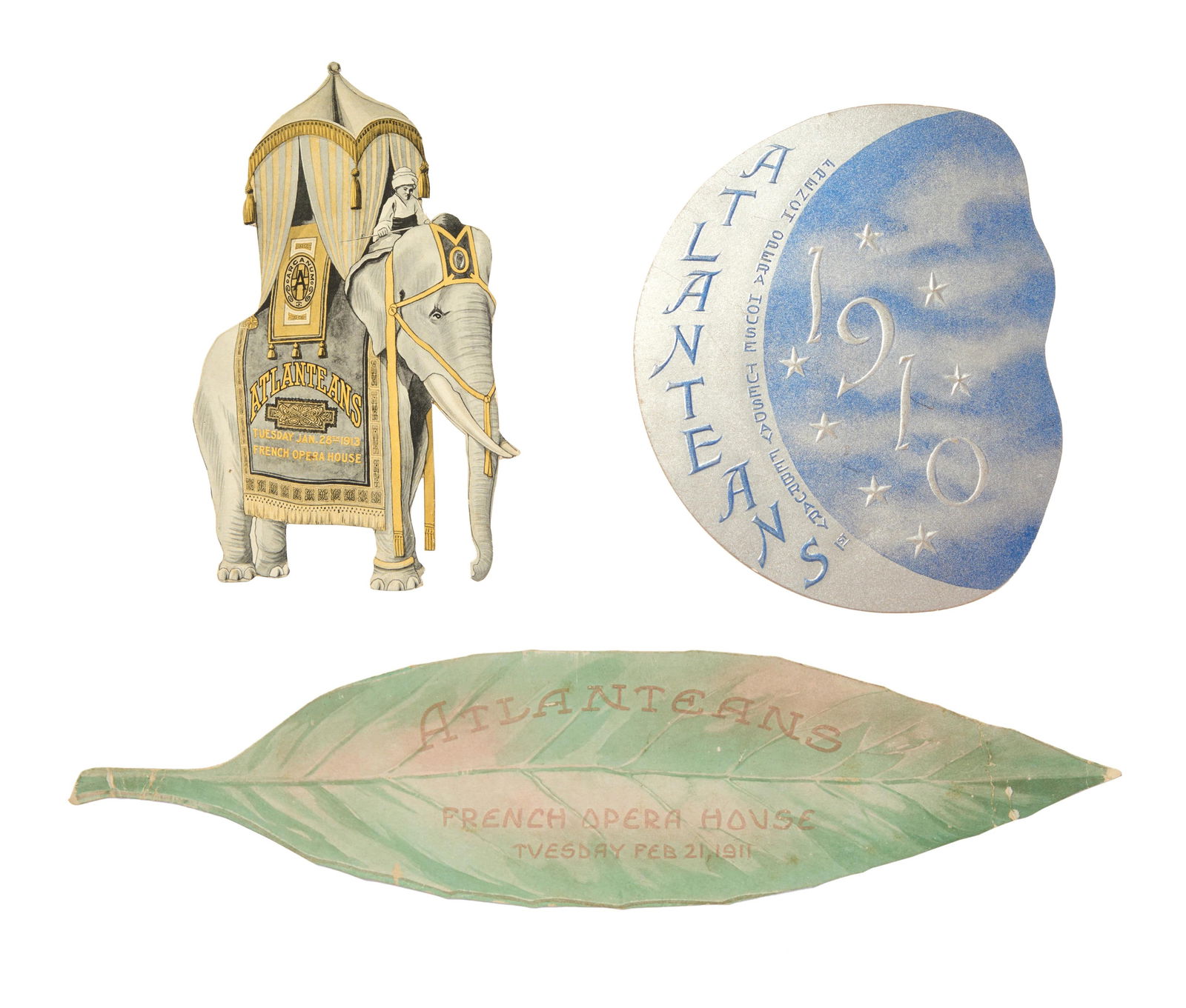 Three Mardi Gras Ball Invitations, Atlanteans, 1910, 1911, and 1913, 1910- H.- 5 7/8 in., W.- 4 3/4: Three Mardi Gras Ball Invitations, Atlanteans, 1910, 1911, and 1913, one for the February 1, 1910, ball at French Opera House, from the theme "The Starry Host"; one for the February 21, 1911, ball at