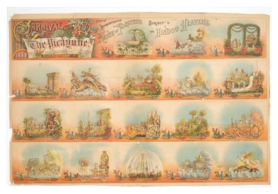 Mardi Gras Parade Bulletin, Krewe of Proteus, 1889, "The Hindoo Heavens," H.- 28 5/8 in., W.- 42 5/8