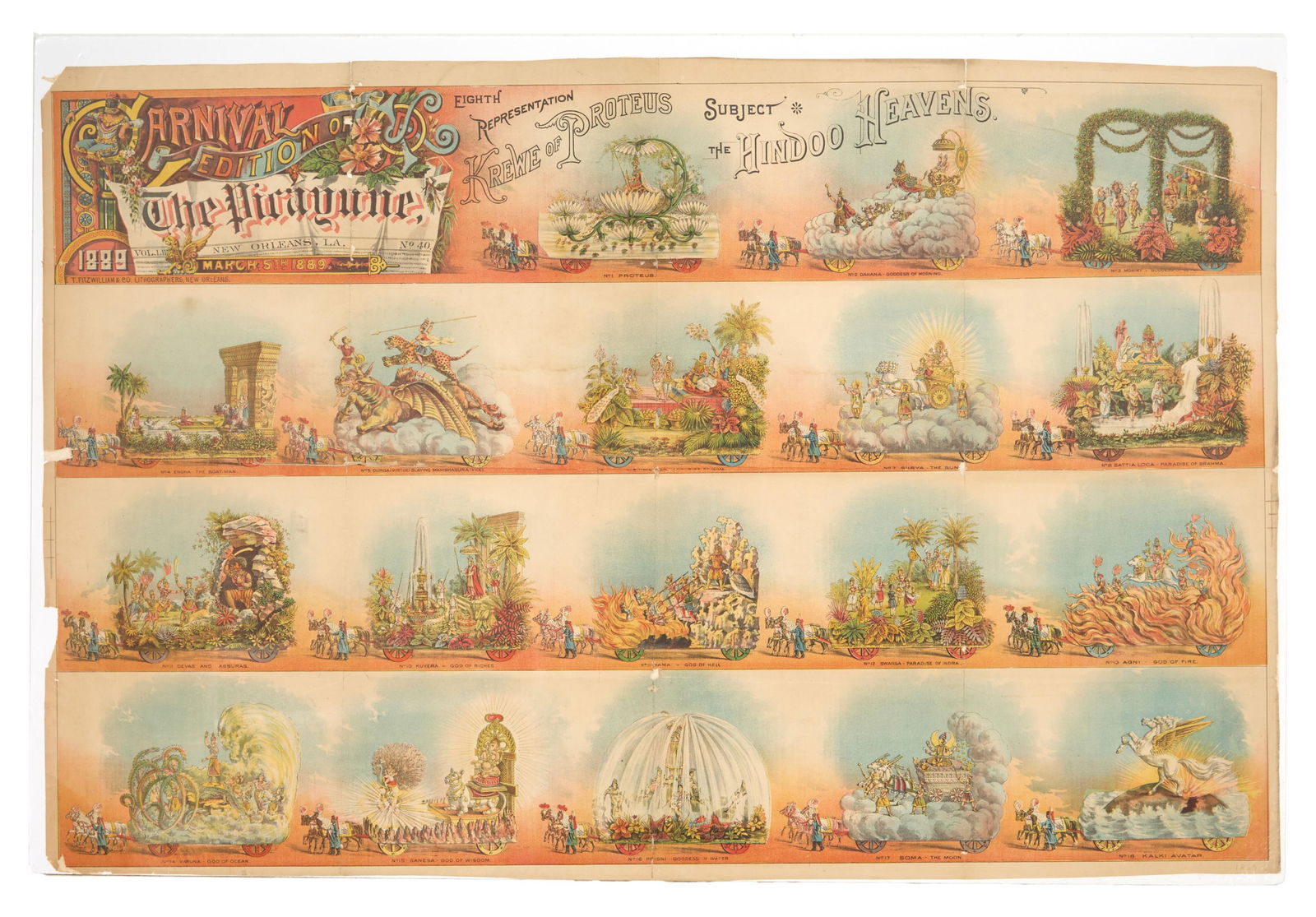 Mardi Gras Parade Bulletin, Krewe of Proteus, 1889, "The Hindoo Heavens," H.- 28 5/8 in., W.- 42 5/8 (1 of 3)