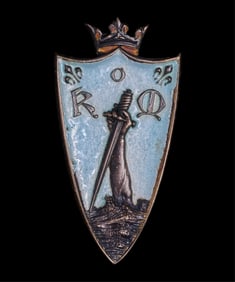 Two Mardi Gras Ball Favor Pins, Knights of Momus, 1900 and 1902, 1900- H.- 1 1/2 in., W.- 3/4 in.;