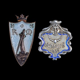 Two Mardi Gras Ball Favor Pins, Knights of Momus, 1900 and 1902, 1900- H.- 1 1/2 in., W.- 3/4 in.;