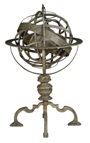 Patinated Iron and Composite Garden Armillary Sphere on Stand, 20th c., H.- 41 in., Dia.- 26 in.