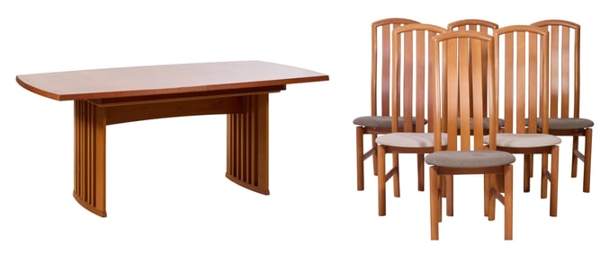 Danish Modern Dining Suite, by Skovby, 20th c., Table- H.-. 26 1/4 in., W.- 39 in., L.- with leaf-