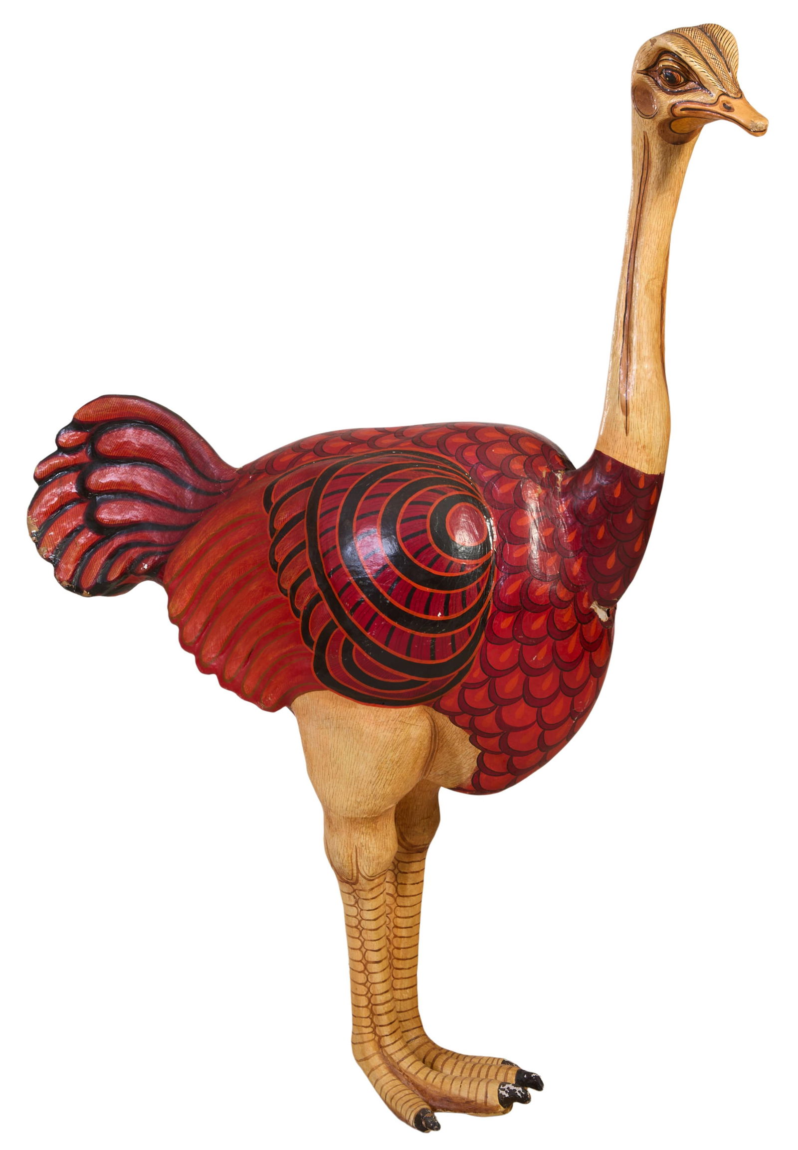 Sergio Bustamante (Mexican, b. 1949), "Ostrich (in Red)," 1970s, H.- 17 in., W.- 18 in., D.- 45 in.: Sergio Bustamante (Mexican, b. 1949), "Ostrich (in Red)," 1970s, polychrome painted papier mache, signed and numbered 10/100 on neck, H.- 17 in., W.- 18 in., D.- 45 in.