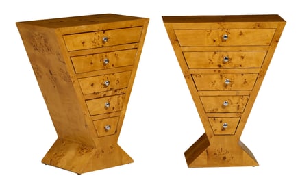 Pair of Art Deco-Inspired Tapered Burled Nightstands, 21st c., Each- H.- 33 1/2 in., W.- 27 1/4 in.,