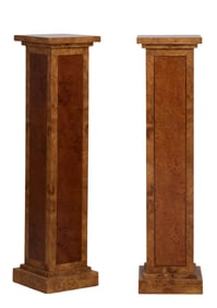 Pair of Art Deco Inspired Burled Wood Columns, 21st c., Each- H.- 49 in., W.- 12 1/4 in., D.- 12 1/4