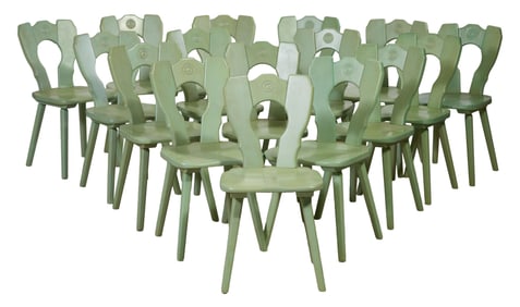 Sixteen French Parisian Polychromed Cafe Chairs, 20th c., Each- H.- 32 in., W.- 16 in., D.- 19 in.
