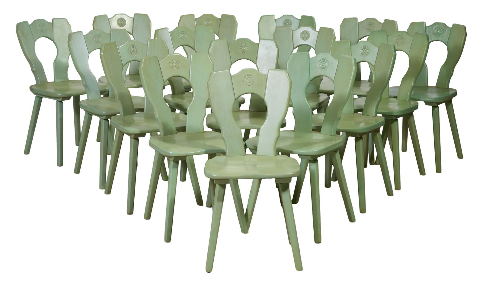 Sixteen French Parisian Polychromed Cafe Chairs, 20th c., Each- H.- 32 in., W.- 16 in., D.- 19 in. (1 of 2)