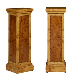 Pair of Art Deco Inspired Inlaid Burled Pedestals, 21st c., Each- H.- 32 in., W.- 10 1/2 in., D.- 10