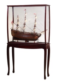 Ship Model in Mahogany Case, 20th c., Overall- H.- 69 1/4 in., W.- 40 in., D.- 13 in.