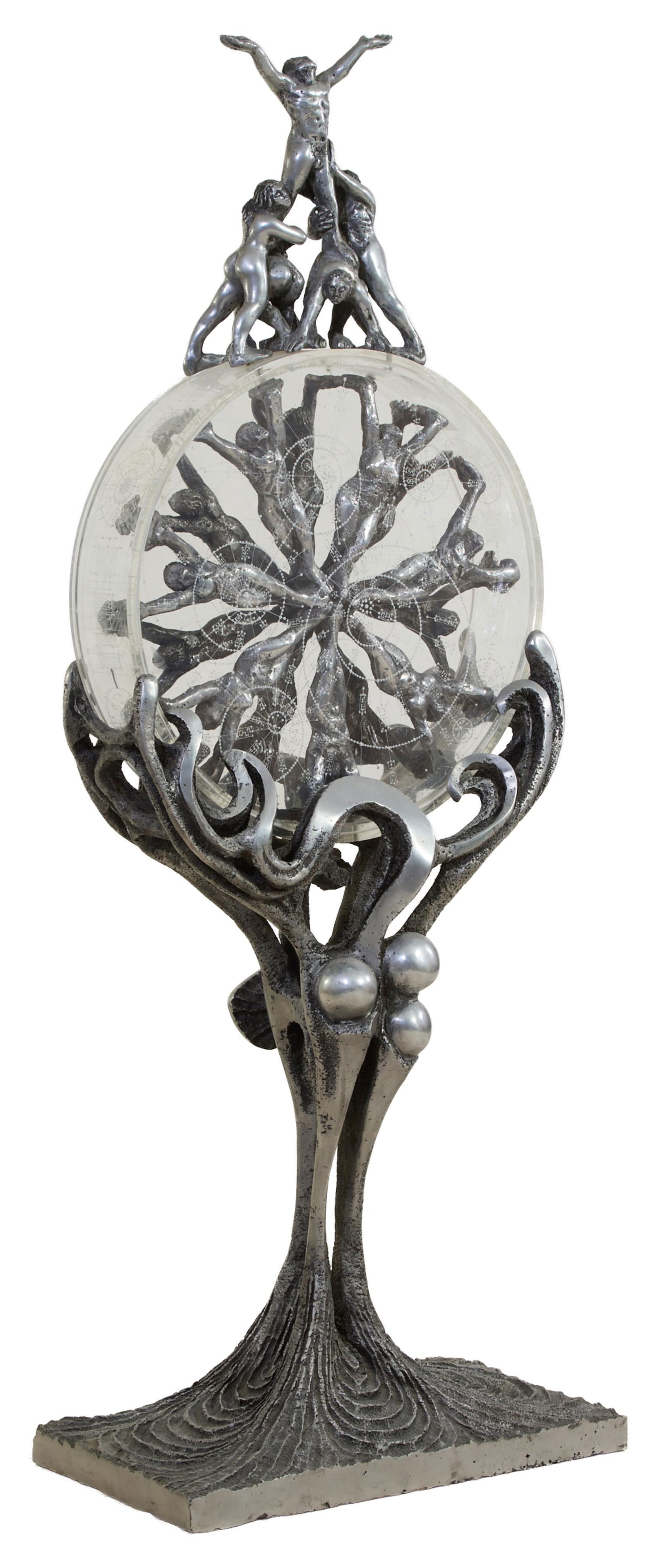 Ernest Bottomley (British, 1934-2006), "Techno-Drum Escape," 1987, H.- 72 in., W.- 26 in., D.- 15: Ernest Bottomley (British, 1934-2006), "Techno-Drum Escape," 1987, cast aluminum and lucite, signed and dated "April 1987" upper center within sphere, the lucite disc enclosing a figurative wheel of c