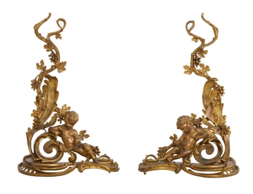Pair of Figural Gilt Bronze Chenets, 19th/20th c., Each- H.- 22 in., W.- 15 in., D.- 7 1/2 in. (2
