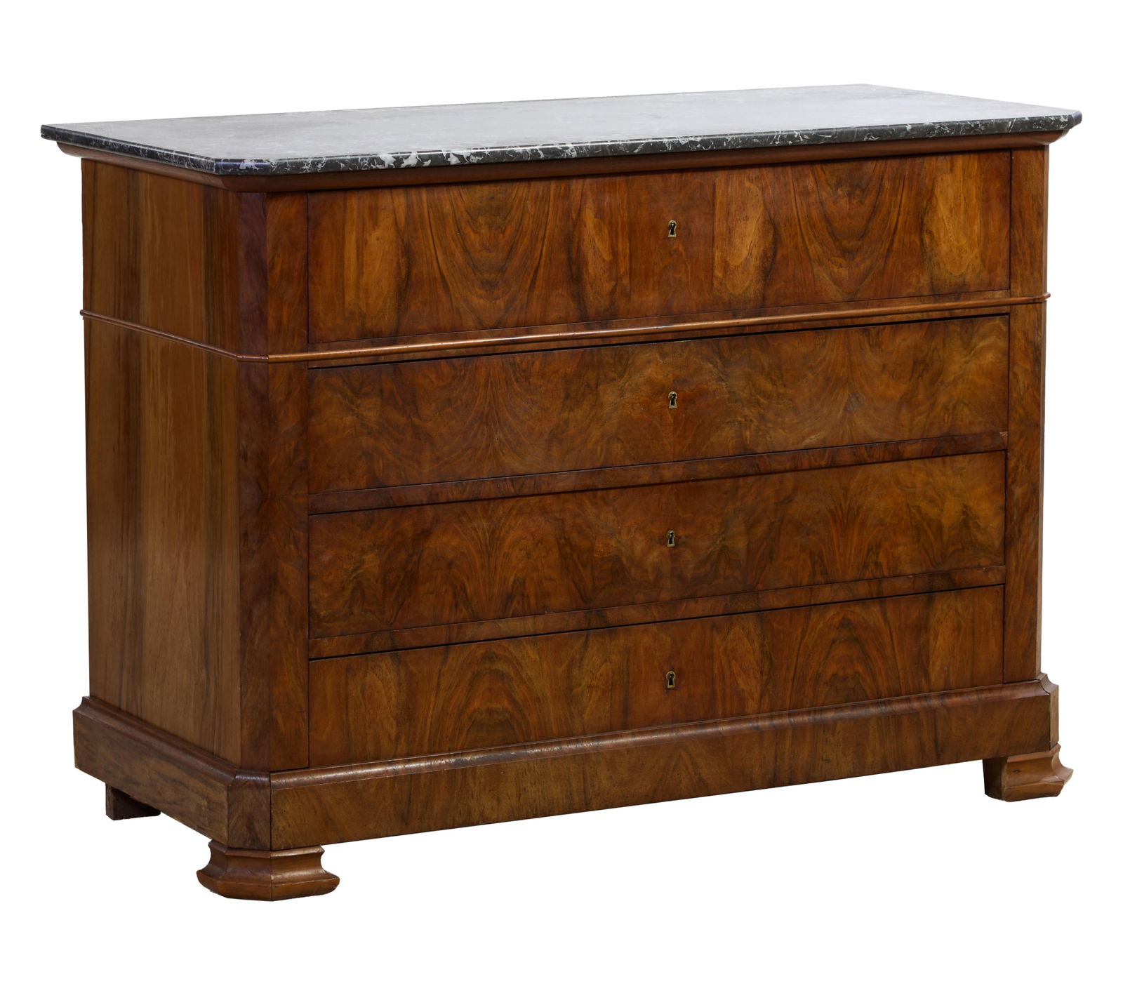 French Marble Top Louis Philippe Burled Walnut Commode, mid 19th c., H.- 37 1/2 in., W.- 51 1/4 in., (1 of 3)