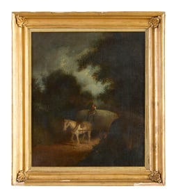 Follower of Thomas Gainsborough (English, 1727-1788), "White Horse Pulling Wagon of Hay," H.- 14 1/4