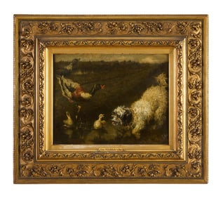 Jan Stobbaerts (Belgian, 1838-1914), "Ducks Protecting Their Family from Dog," H.- 14 in., W.- 18
