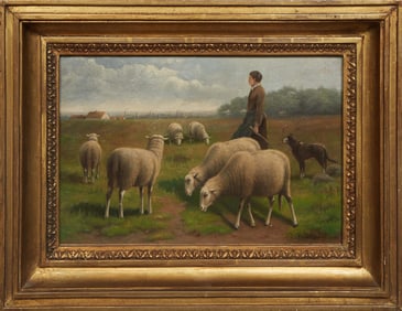 Jacob van Dieghem (Netherlands/Belgium, 1843-1885), "Shepherdess and Her Flock of Sheep," 19th c.,